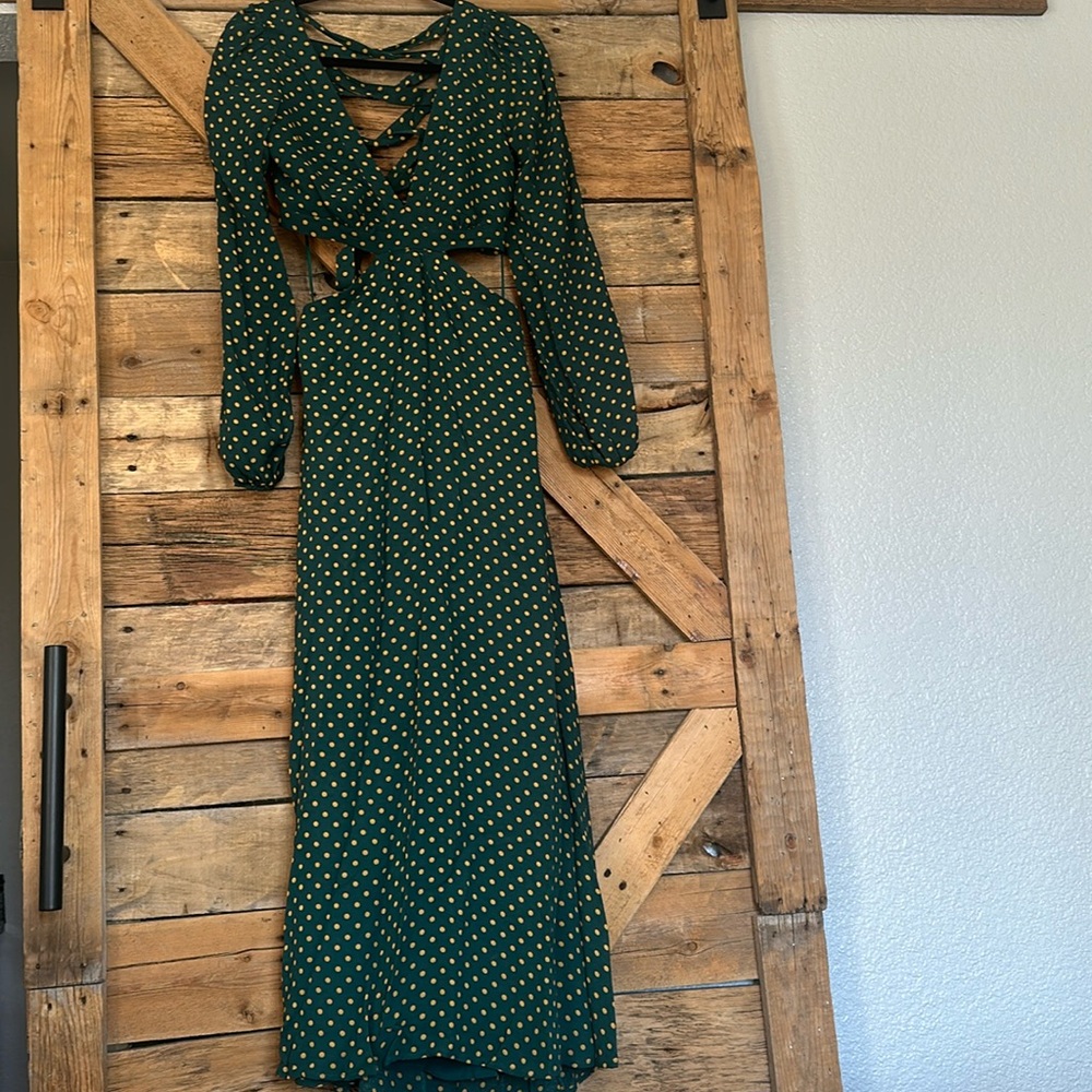 Green with gold polka dots long sleeve maxi dress